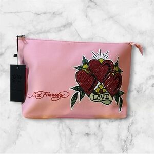 Ed Hardy Pink Cosmetic Bag with Heart Design. NWT